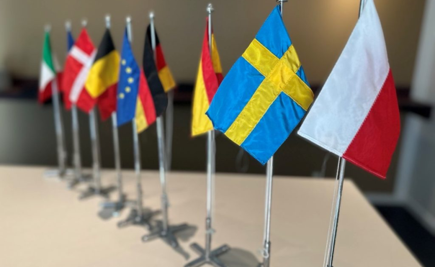 Rząd biurkowych flag państw europejskich z flagami Polski i Szwecji na czele.